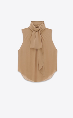 YSL Lavallière-neck Blouse In Silk Georgette Chataigne | AGC968750