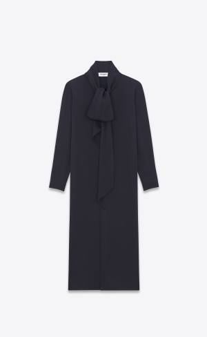 YSL Lavallière-neck Long Shirt In Crepe Satin Blå | PYA349286