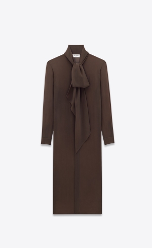 YSL Lavallière-neck Long Shirt In Silk Georgette Cafe | SPW803495