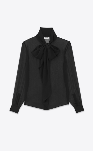 YSL Lavallière-neck Shirt In Crepe Muslin Svarta | SOP841379