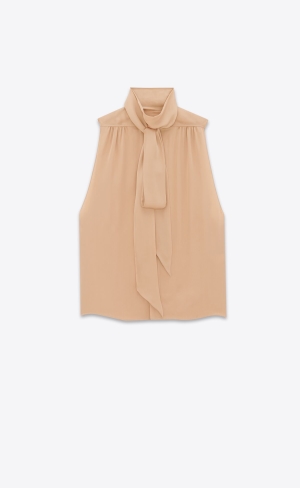 YSL Lavallière-neck Tunic Shirt In Silk Satin Beige | QWZ538974
