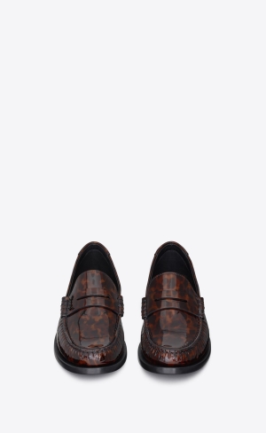 YSL Le Loafer Penny Slippers In Tortoiseshell Lack Läder Naturel | UQE940367