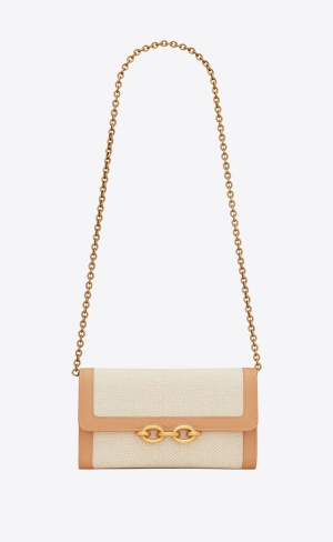 YSL Le Maillon Chain Wallet In Canvas And Vegetable-tanned Läder Bruna Guld | GBW504387