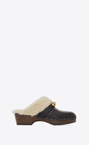 YSL Le Maillon Clogs In Smooth Läder And Shearling Noir | QJN052714