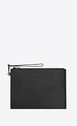 YSL Le Monogramme Zipped Tablet Holder In Cassandre Embossed Smooth Läder Noir | XQN791502