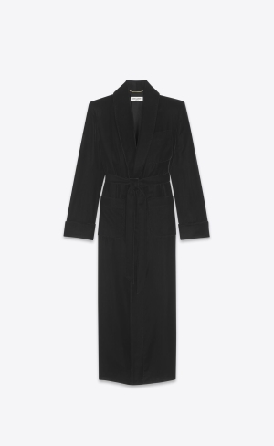 YSL Long Belted Coat In Cupro Velvet Svarta | THX579132
