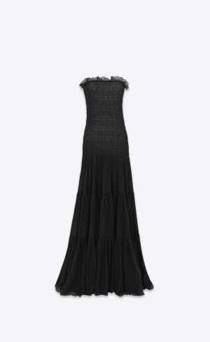 YSL Long Bustier Klänning In Crepe Muslin Svarta | BHT532681