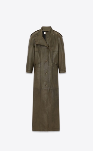 YSL Long Coat In Lambskin Kaki Fonce | YDO698254