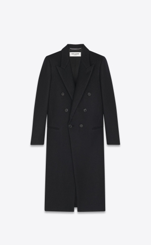 YSL Long Double-breasted Coat In Ull Felt Noir Brillant | TAG368192