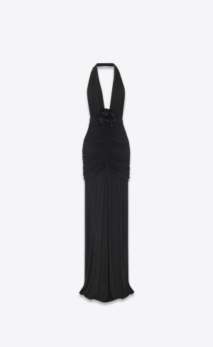 YSL Long Halterneck Klänning In Crepe Jersey Svarta | JZC540827