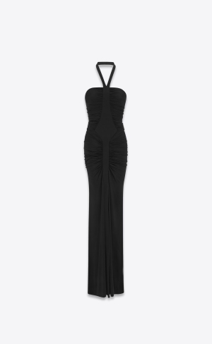YSL Long Halterneck Klänning In Shiny Jersey Svarta | HCE172964