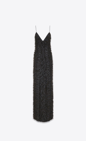 YSL Long Klänning In Embroidered Silk Georgette Svarta | UIT245671