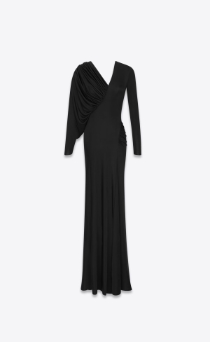 YSL Long Klänning In Shiny Jersey Svarta | EMX941067