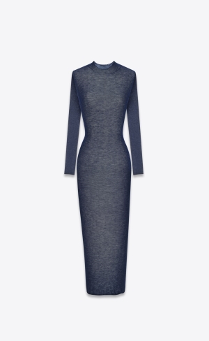 YSL Long Klänning In Viscose And Ull Bleu Nuit | WAP057143