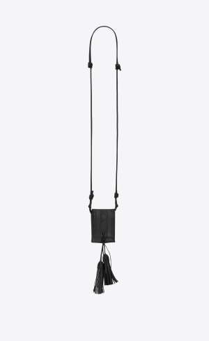 YSL Long Tassel Bag Necklace In Vegetable-tanned Läder And Metal Svarta | UTX381572