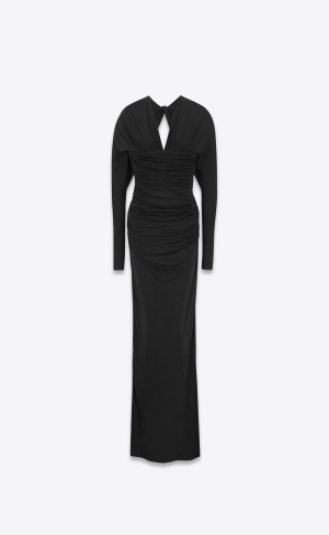 YSL Long V-neck Klänning In Shiny Jersey Svarta | PFA314205