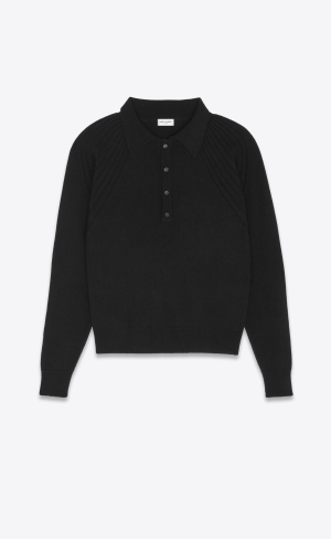 YSL Long-sleeve Polo Shirt In Cashmere Noir | RXK568024