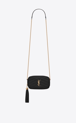 YSL Lou Mini Bag In Quiltad Grain De Poudre Embossed Läder Svarta | ZBE374821