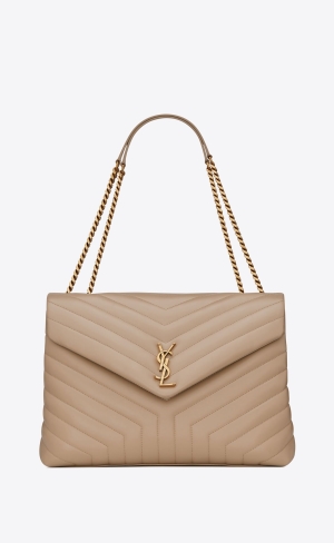YSL Loulou Large Chain Bag In Quiltad "Y" Läder Mörkbeige | HGM328506