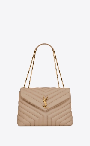 YSL Loulou Medium Chain Bag In Quiltad "Y" Läder Mörkbeige | DRN736152