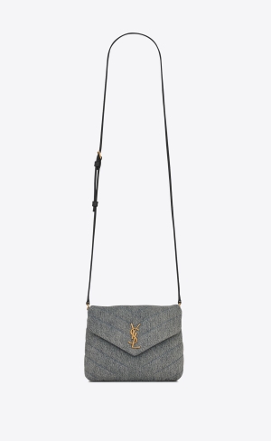 YSL Loulou Toy Rem Bag In Quiltad "Y" Denim And Smooth Läder Blå Grå Ljus | ZEW321467