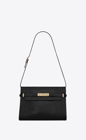 YSL Manhattan Shoulder Bag In Crocodile-embossed Shiny Läder Svarta | UDA219703