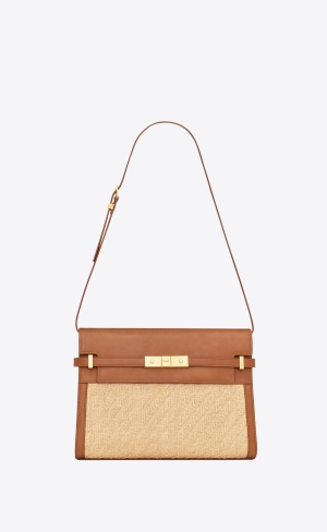 YSL Manhattan Shoulder Bag In Raffia And Vegetable-tanned Läder Beige Bruna Mörkröda | YIM845293