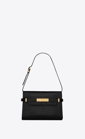 YSL Manhattan Small Shoulder Bag In Shiny Crocodile-embossed Läder Svarta | IVO467258