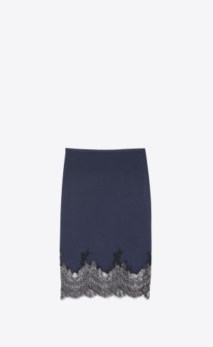 YSL Midi Skirt In Crepe Satin And Spets Marinblå | KQG203596