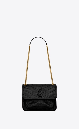 YSL Niki Baby Chain Bag In Crinkled Vintage Läder Noir | XTO851943
