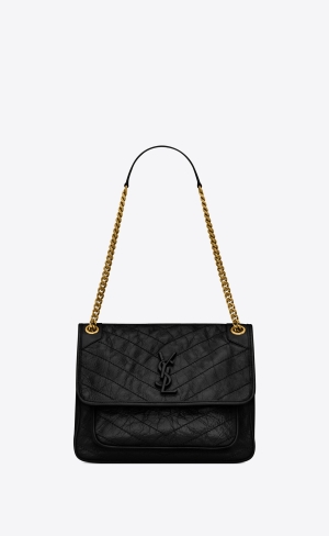 YSL Niki Medium Chain Bag In Crinkled Vintage Läder Noir | DXB652893