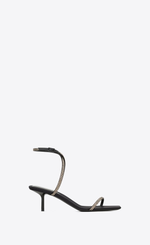 YSL Nuit Sandals In Crepe Satin And Rhinestones Svarta Silver | EBK167804
