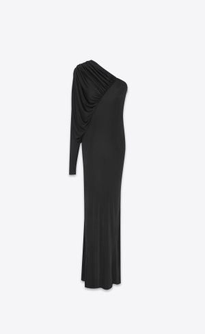 YSL One Shoulder Long Klänning In Shiny Jersey Svarta | ERN640321