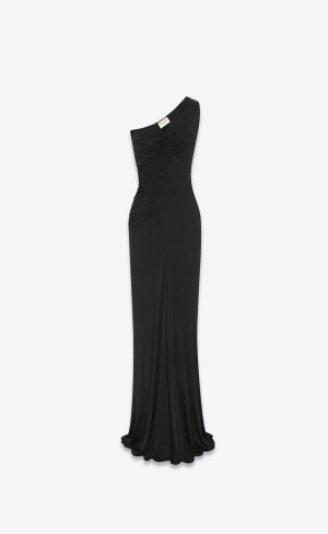YSL One Shoulder Long Klänning In Shiny Jersey Svarta | RWL782049