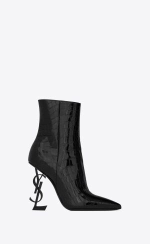 YSL Opyum Booties In Alligator-embossed Lack Läder Svarta | HAT867342