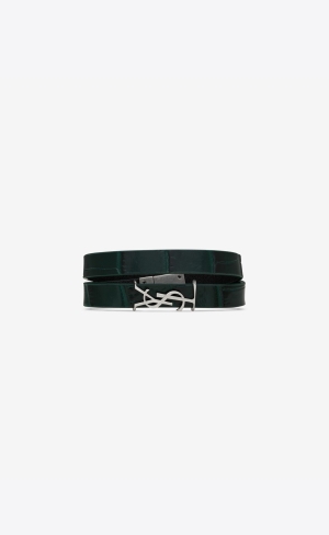 YSL Opyum Double Wrap Bracelet In Crocodile-embossed Läder And Metal Mörkgröna | SEV745193