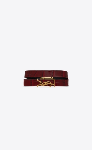 YSL Opyum Double Wrap Bracelet In Crocodile-embossed Läder And Metal Mörkröda Guld | TUL497126