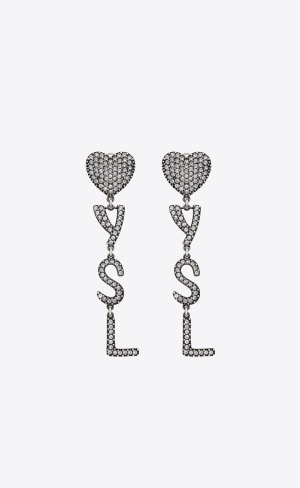 YSL Opyum Heart Earrings In Metal And Crystal Silver | ELY148927