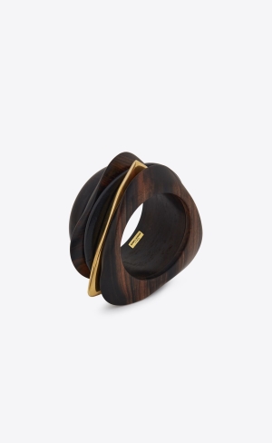 YSL Oversize Bangle In Wood, Bamboo And Metal Svarta Mörkbruna Guld | JSG396074