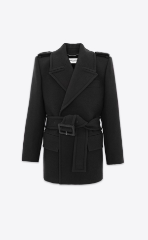 YSL Oversize Shoulder Coat In Ull Felt Noir Brillant | NUP806492