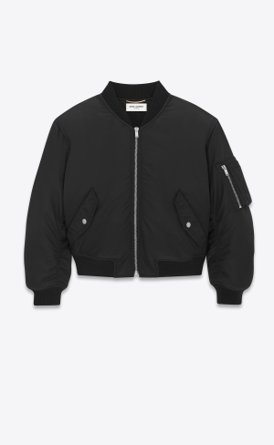 YSL Oversized Cropped Bomber Jacket In Nylon Svarta | PON302645