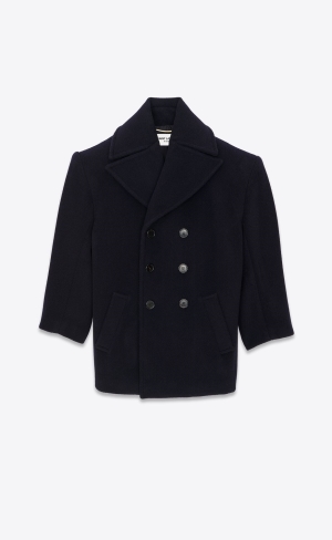 YSL Oversized Peacoat In Chevron Ull Marinblå | RHM651072