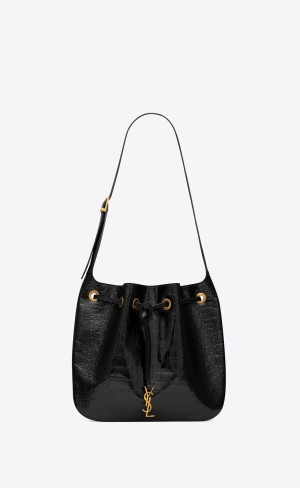 YSL Paris Vii Medium Hobo Bag In Crocodile-embossed Lack Läder Svarta | MLT703469