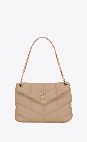 YSL Puffer Medium Chain Bag In Quiltad Lambskin Mörkbeige | MHU593712