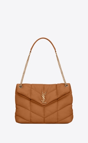 YSL Puffer Medium Chain Bag In Quiltad Lambskin Mörkorange | XYQ916085