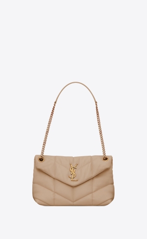 YSL Puffer Small Chain Bag In Quiltad Lambskin Mörkbeige | DCM956310