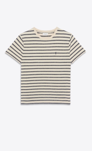 YSL Randig Cassandre T-shirt In Jersey Blå | LHF749018