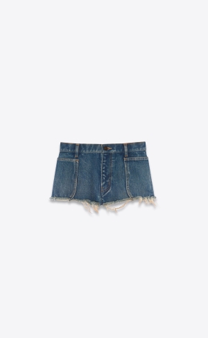 YSL Raw-edge Shorts Indigo Blå | ONB390476