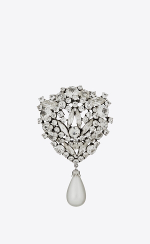 YSL Rhinestone And Pearl Shield Brooch In Metal Silver Grädde | CUP276918