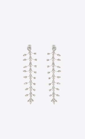 YSL Rhinestone Fish Bone Drop Earrings In Metal Silver | GIT024968